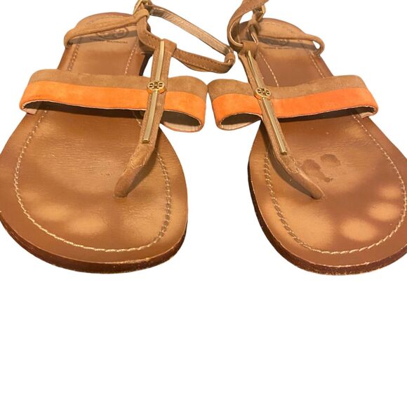 Tory Burch Bar Logo Flat Sandals Coral Tan Suede Size 8.5 Boho Prairie Preppy - Picture 2 of 12